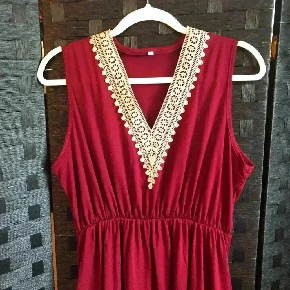 Red V-Neck Ruffled Dress